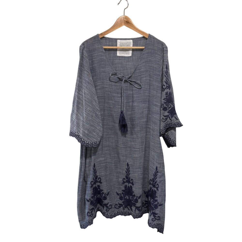 Kyla Seo Embroidered Blue Cotton Cover Up Kaftan Tassel Tie Boho Small